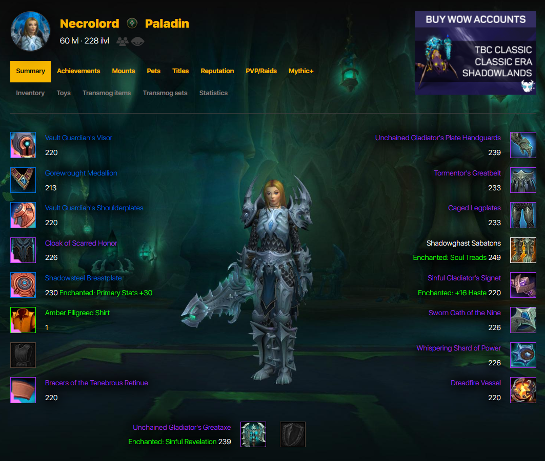 Rare WoW Account for Sale. 228+ ILVL 4 FC WOTLK, ARENA LORD, RARE MOUNTS. + PAL T5 ON TBC
